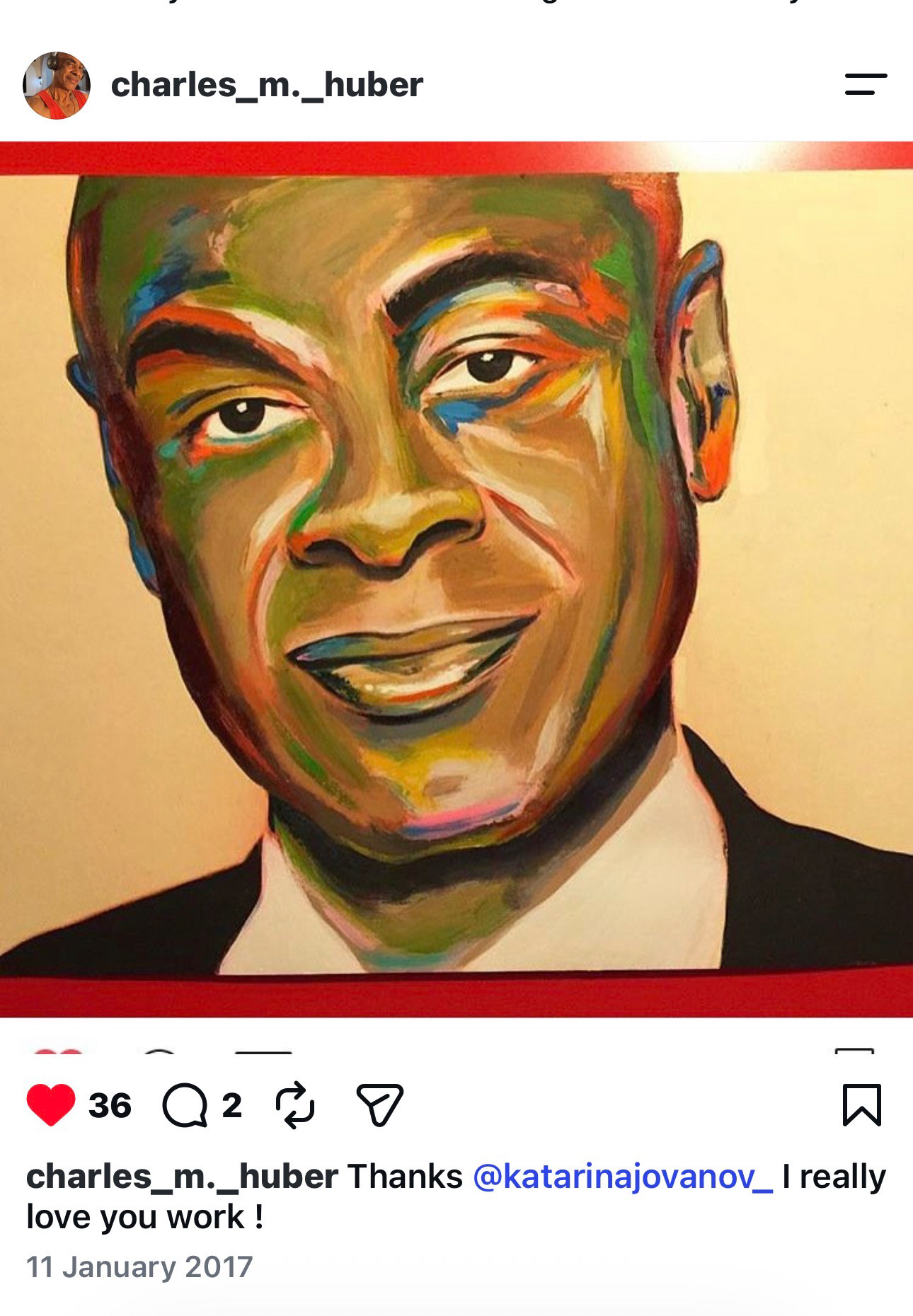 Portrait of Charles M. Huber by Katarina Jovanov, painted in warm ochre with expressive green, blue and orange accents.